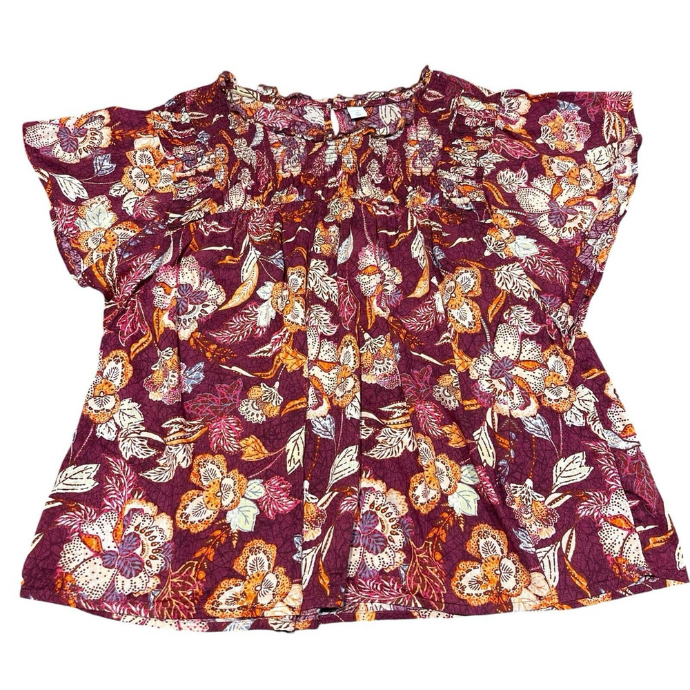 Old Navy Women Burgundy Fall Harvest Short Sleeve Flutter Sleeve Pheasant Top XL